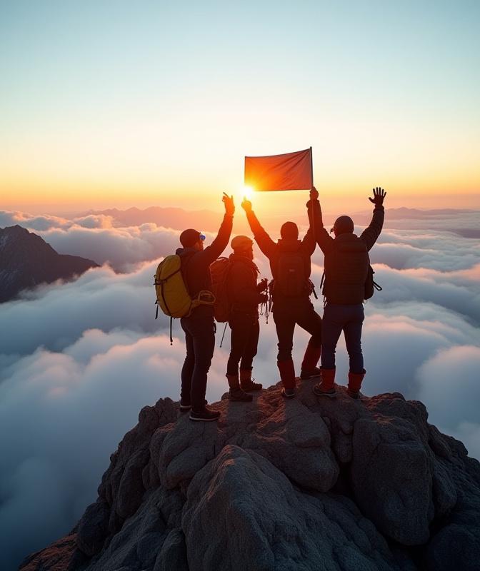The Summit Ridge Outfitters team smiling on a windy mountain summit.