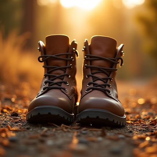 Close up of sturdy hiking boots on a rocky trail.